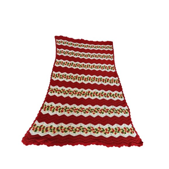 Handmade Crochet Chevron Pattern Blanket Throw Red/Green/White 47"x80" Grandma - Picture 7 of 9